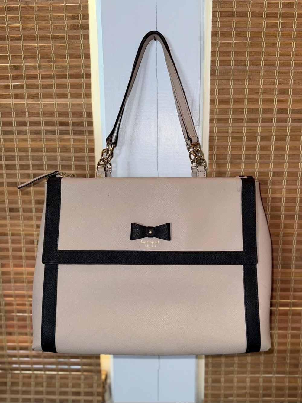 Kate Spade Hazel Court Mason Large Leather Tote Bag with Bow - Cream & Black
